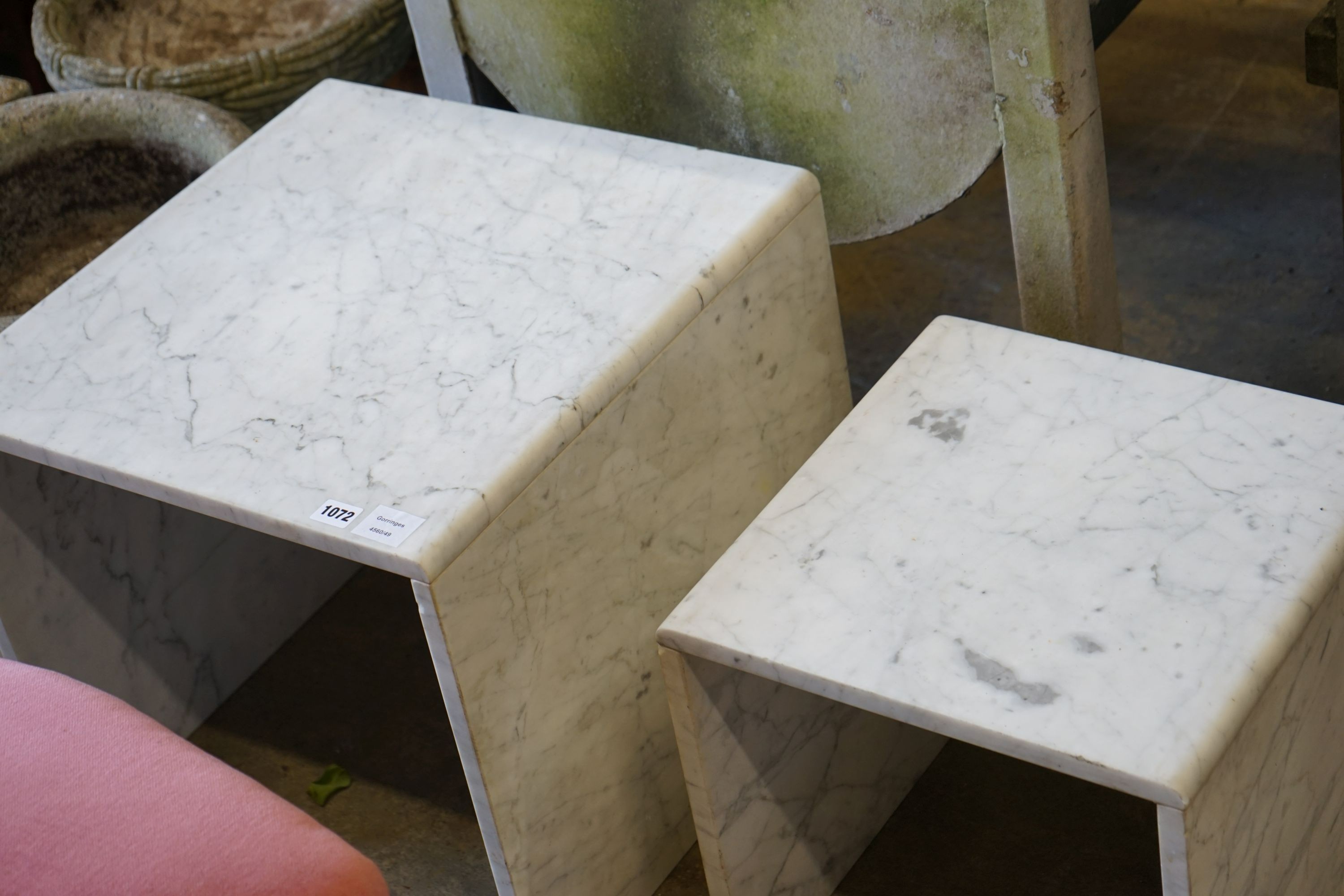 A pair of composite marble occasional tables, larger width 50cm, depth 50cm, height 44cm